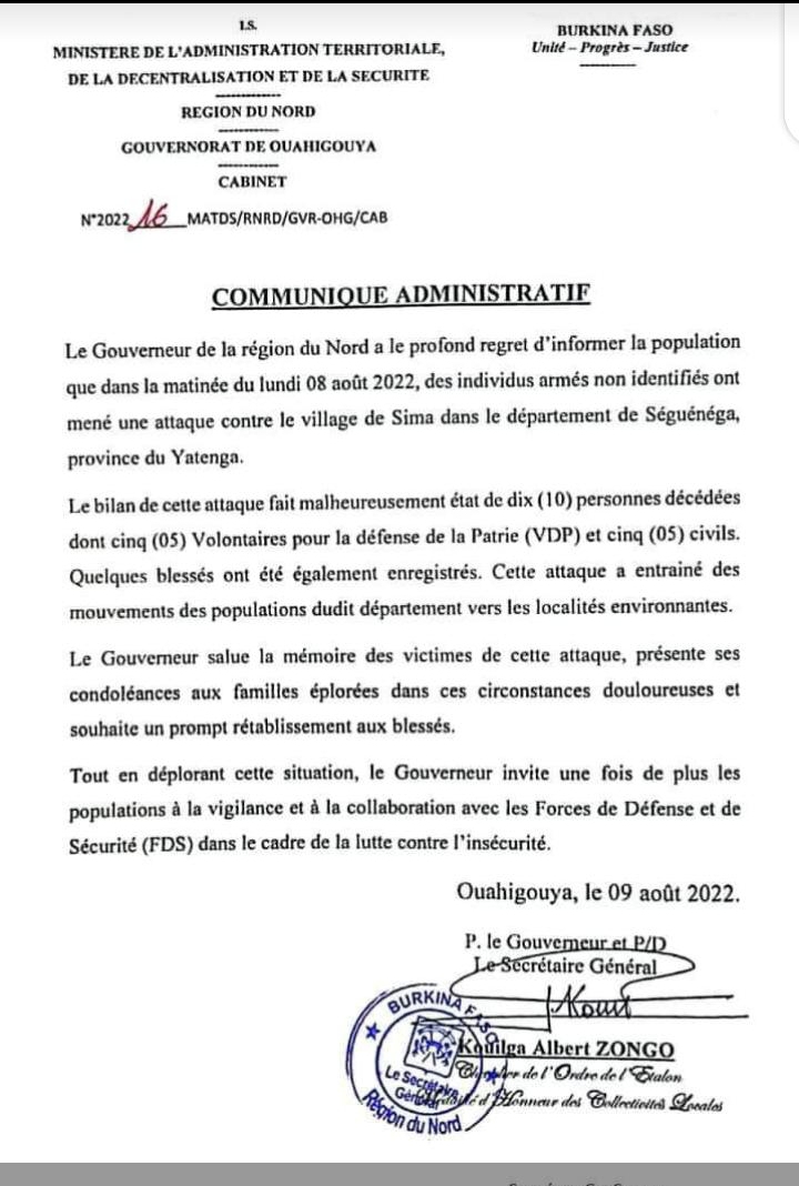 Burkina : 10 morts dans une attaque dans le département de Seguenega (officiel)