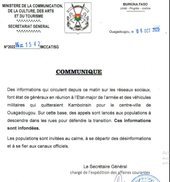 Burkina : «Les populations invitées à se départir des  fausses informations circulant sur les réseaux sociaux» (communiqué)