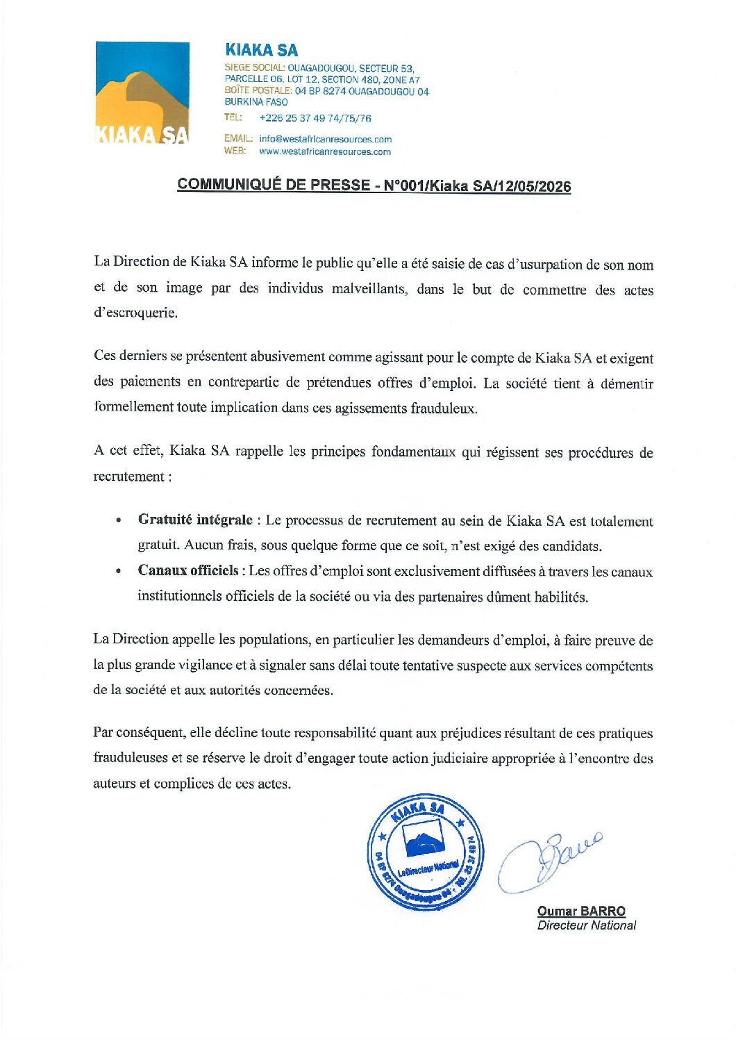 COMMUNIQUÉ DE PRESSE - N001-Kiaka SA-12-05-2026